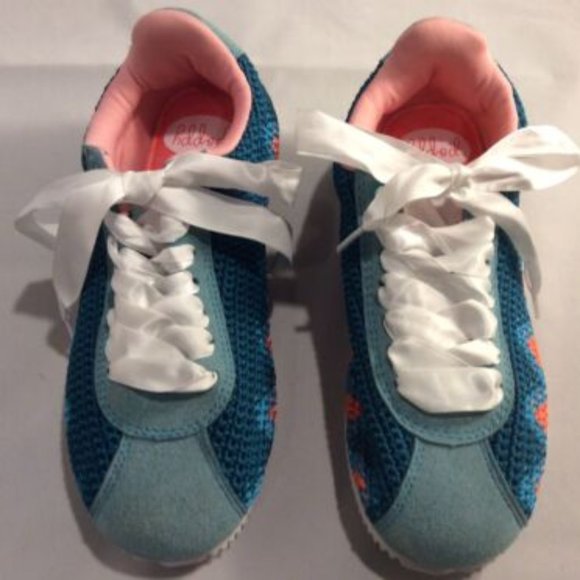 Poppy Woman’s 7 Hand-Crocheted Turquoise & Orange Satin Lace-Up Sneakers Shoes - Picture 7 of 13